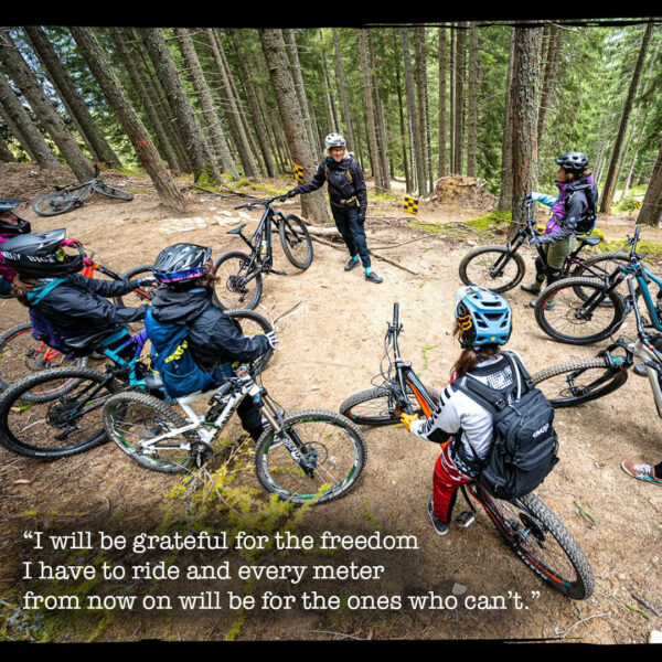 Group of mountain bikers in trees